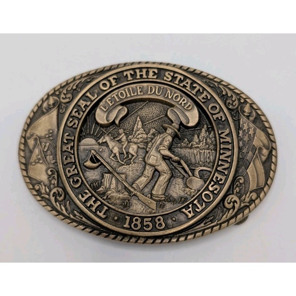Vintage Tony Lama Minnesota Brass Belt Buckle State Series 1858 The Great Seal